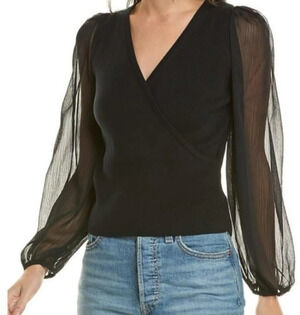 French Connection Black Mozart Melody Faux Wrap Sheer Sleeve Sweater NEW!